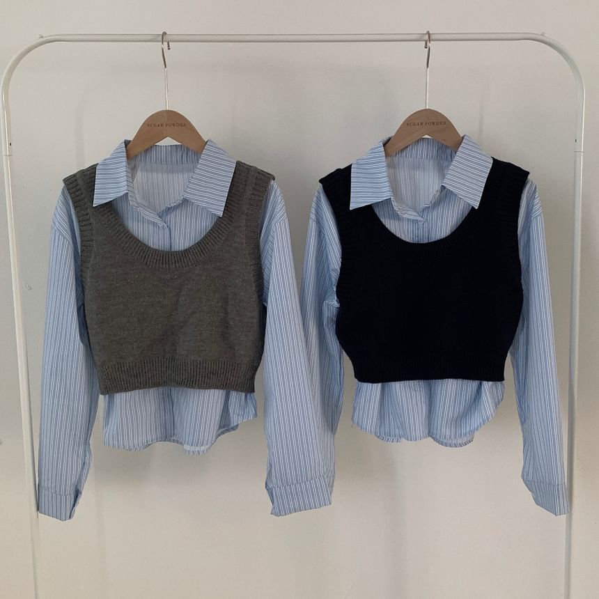 Maisee - Gestreept overhemd / Effen cropped trui-vest