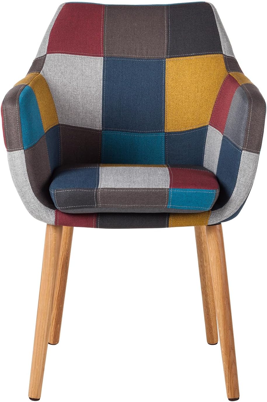 home24 Armlehnenstuhl aus Webstoff & massiver Eiche in Multicolor, Geöltes Echtholzgestell mit strapazierfähigem Patchwork-Bezug, Stabiles Sitzmöbel für den Essbereich