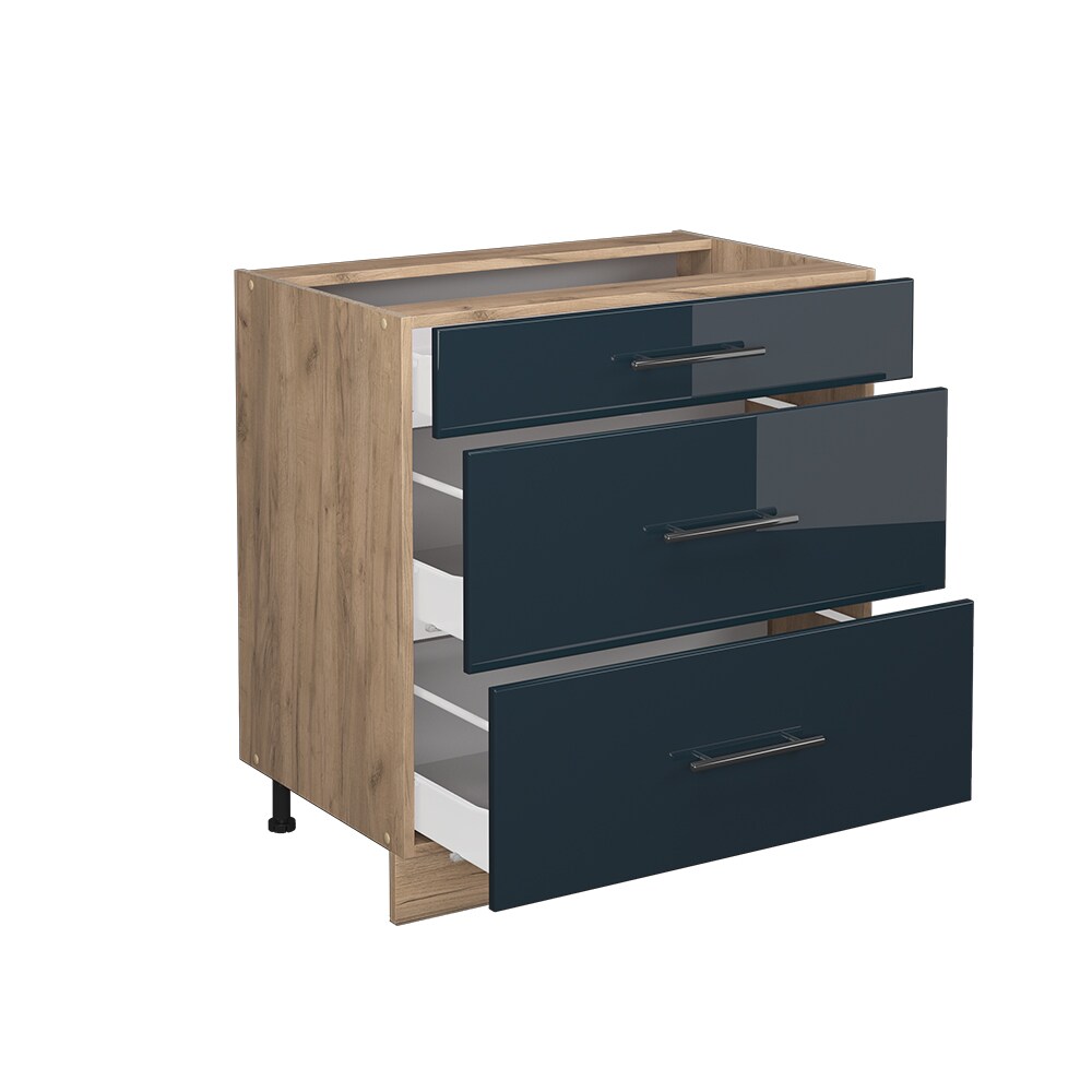 Vicco Schubladenunterschrank Fame-Line Eiche Dunkelblau Hochglanz 80 cm mit Arbeitsplatte Weiß-Marmor