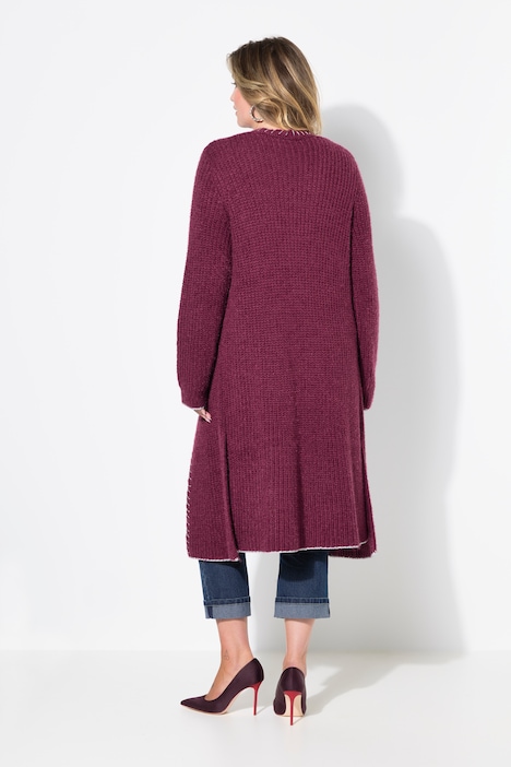 Strickjacke, extra lang, Ausschnitt mit Zierstich