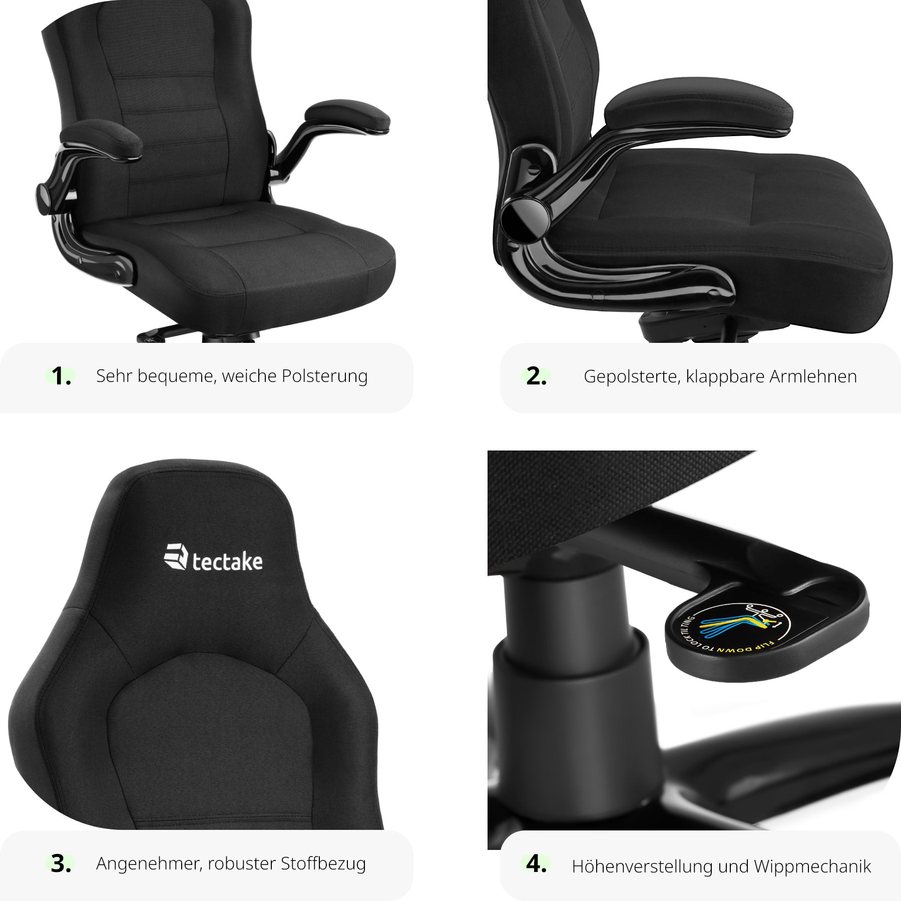 tectake® Bürostuhl, ergonomische Form, mit Stoffbezug, klappbare Armlehnen und Wippfunktion, stufenlos höhenverstellbar