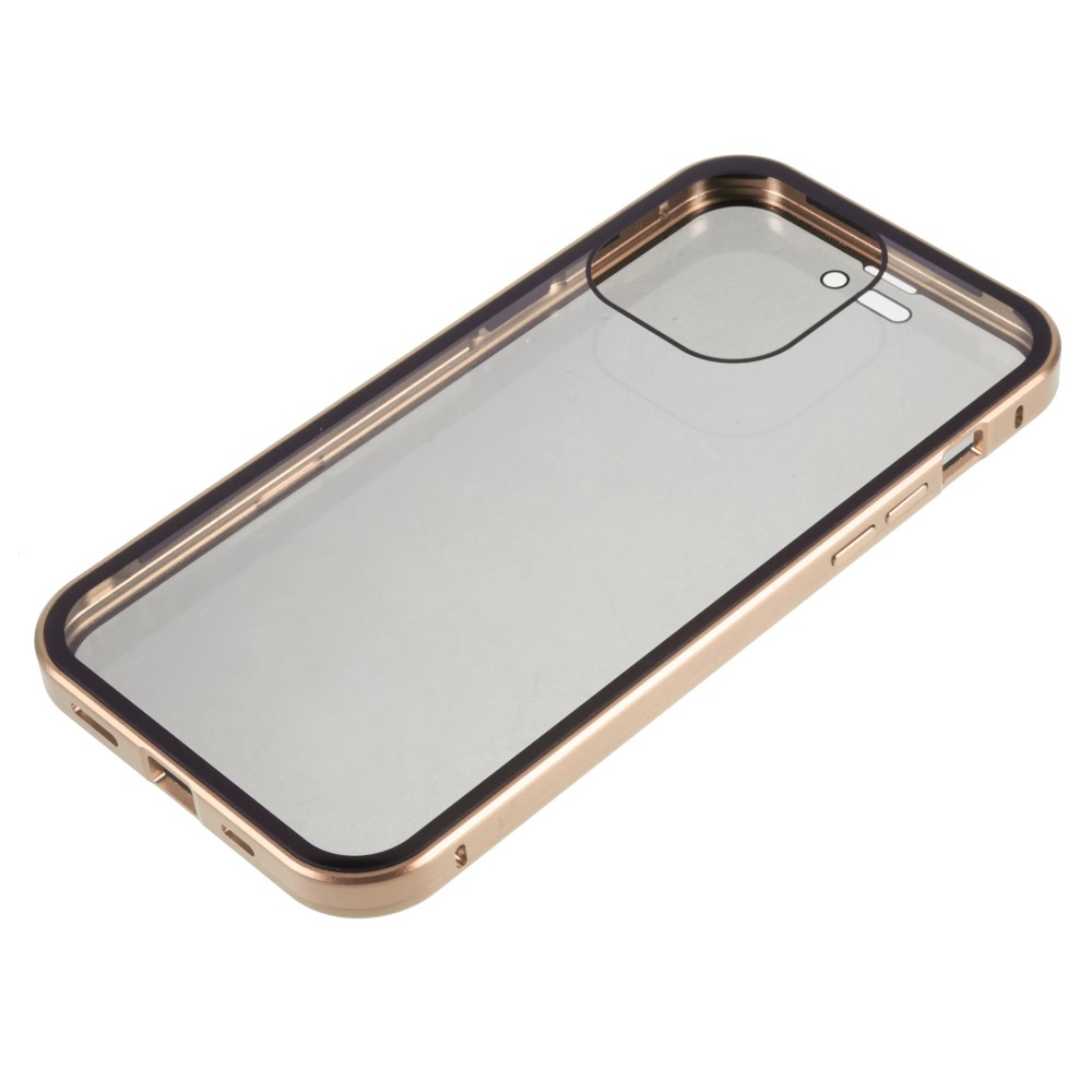 iPhone 14 Pro Magnetische Alu Schutzhülle mit Panzer Glas Backcover   Privacy Glas Displayschutz (Magnet-Technologie) - Gold