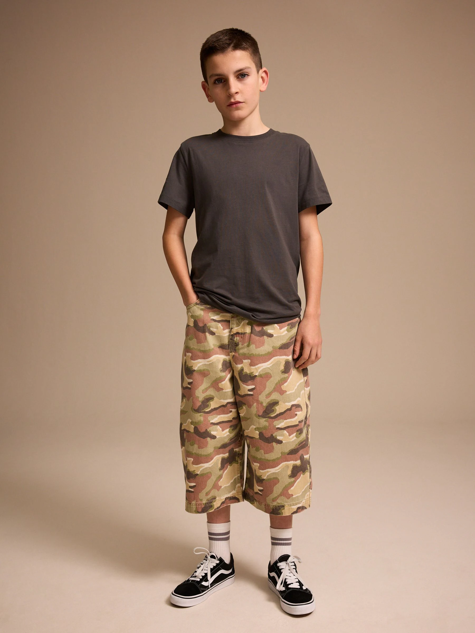 Groen/bruin camouflage - Extra lange Jort 100% katoenen denim shorts (3-16jaar)