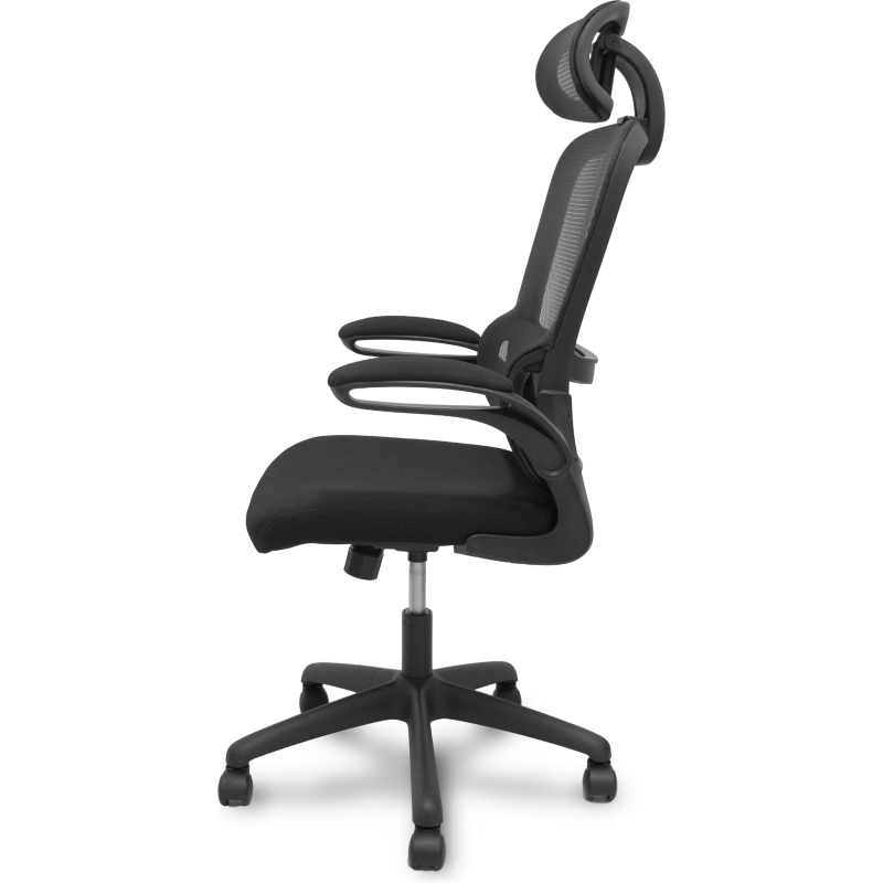 Chaise Pro525, dossier en maille noire, assise et appui-tête en tissu noir