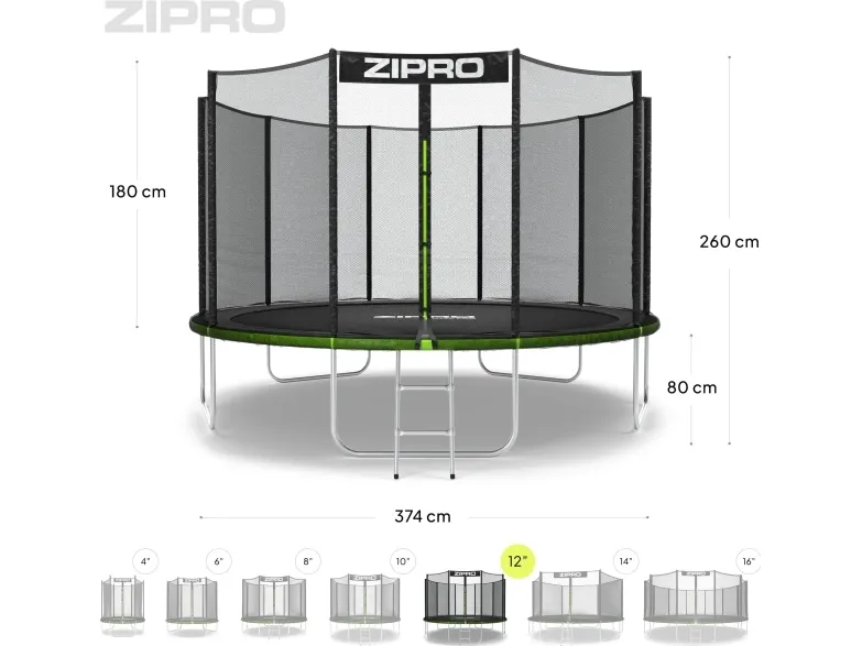 Zipro Trampolin med eksternt net 12FT 374cm   skopose