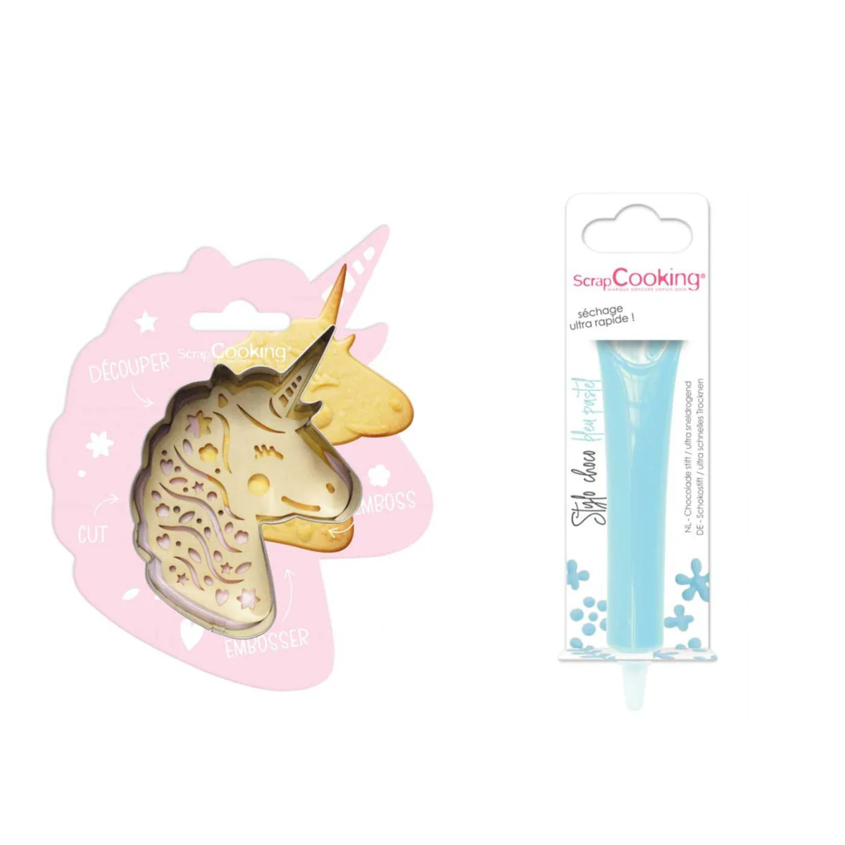 Kit pour biscuit en relief Licorne + Stylo au chocolat bleu pastel Scr