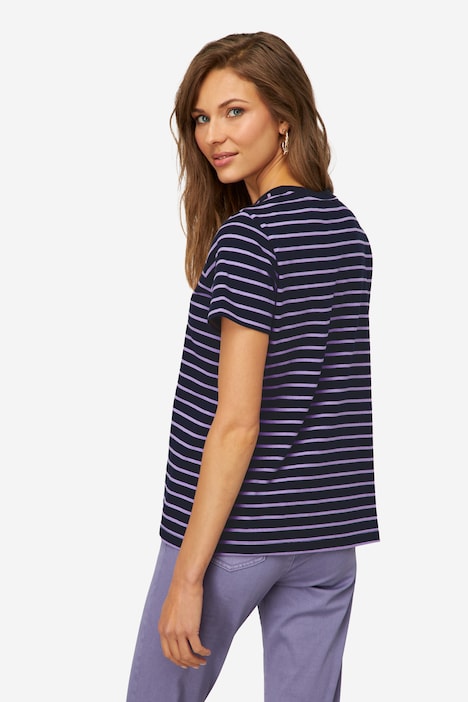T-Shirt, Ringel, Statement Stickerei, Rundhals, Halbarm, OEKO-TEX