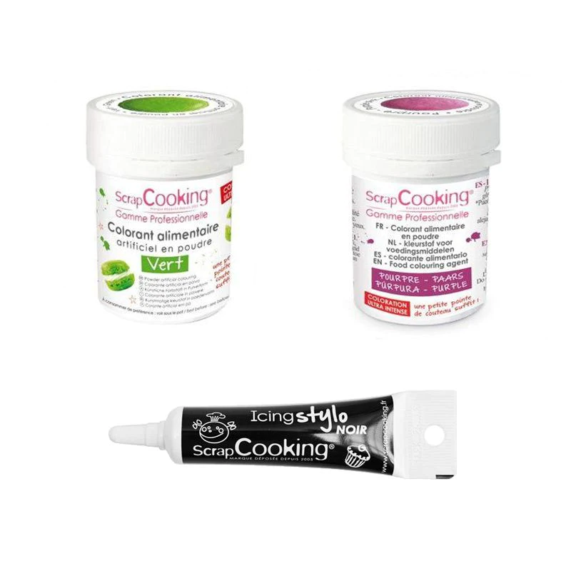 2 colorants alimentaires vert-pourpre + Stylo glaçage noir Scrapcookin