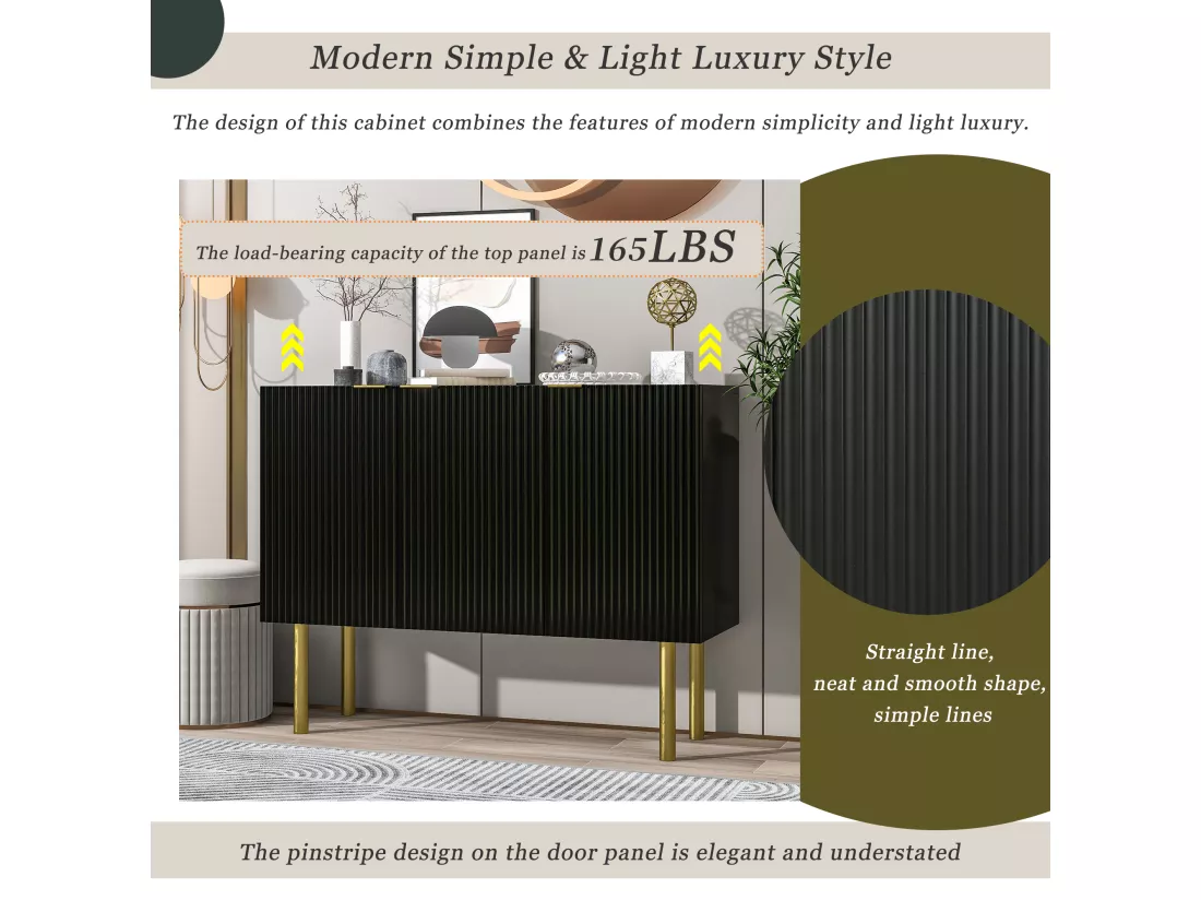 Buffet moderne avec 3 portes - 120 x 42 x 93 cm - MDF - Etagères réglables et pieds en métal - Noir