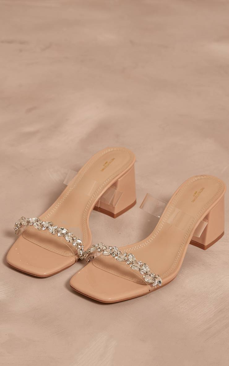 Nude Mules À Talons Bloc En Perspex Avec Ornements Bijoux, Bout Carré Et Coupe Large En Synthétiquecuir