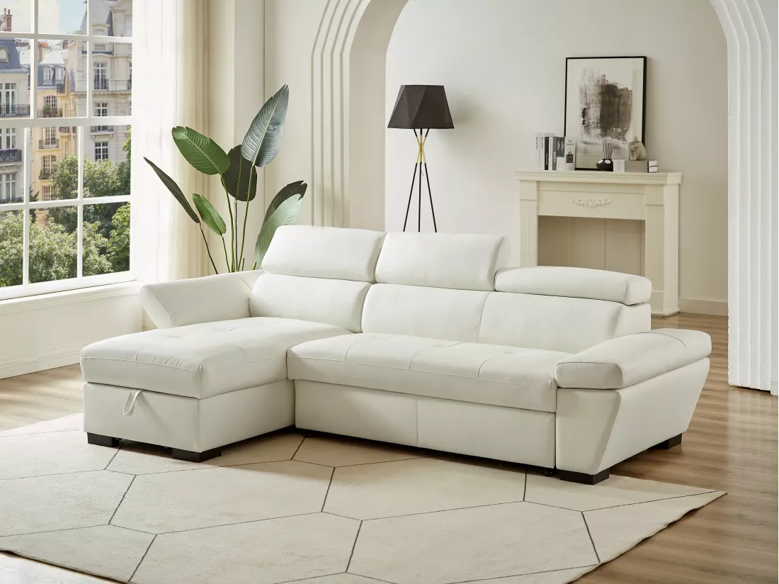 Canapé d'angle convertible en cuir JONOVA - Blanc - Angle gauche