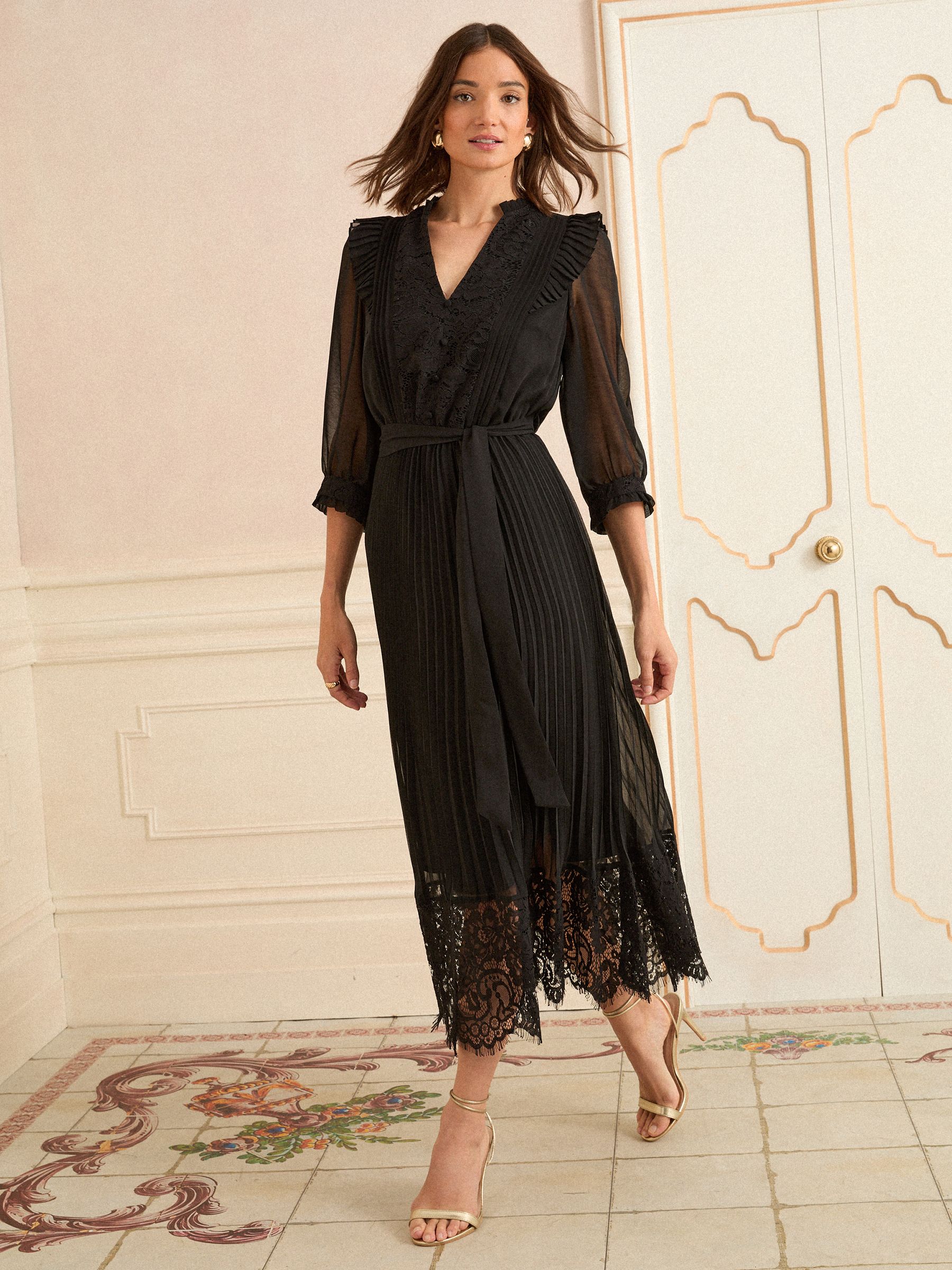 Zwart - Love & Roses - Geplooide midi-jurk met kant en 3/4 -mouwen