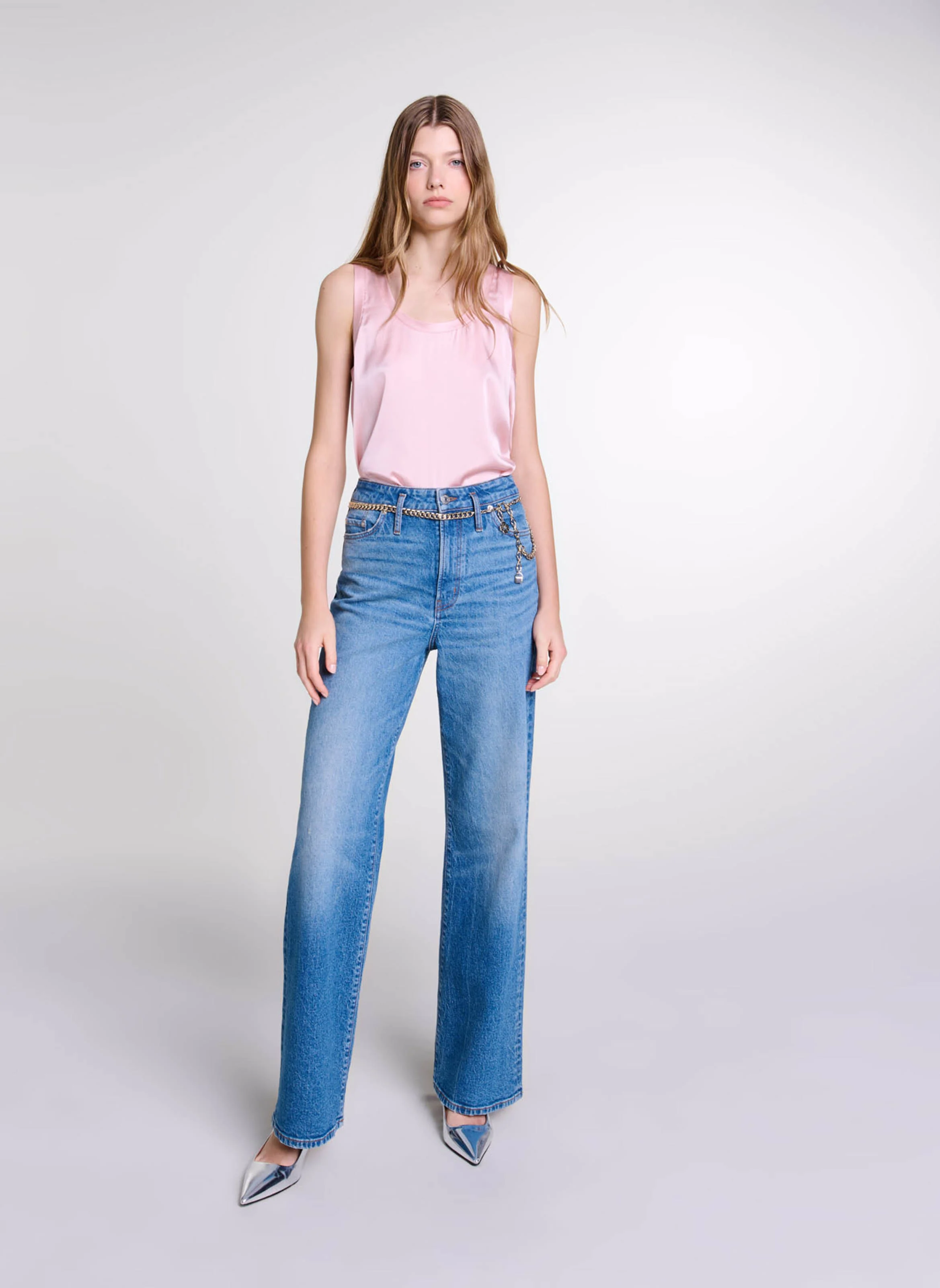 Débardeur col rond droit en soie mélangé | Rose