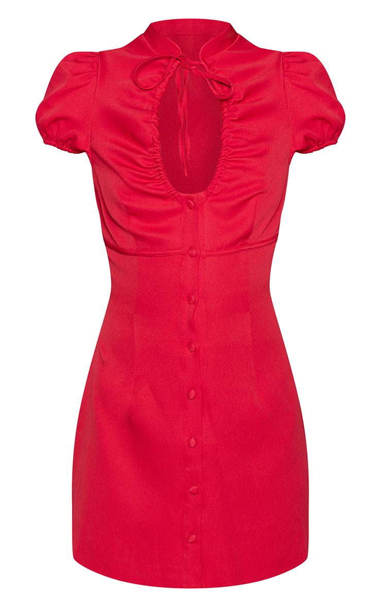 Rouge Robe Droite En Tissu Tissé À Manches Bouffantes Et Encolure Goutte D'eau