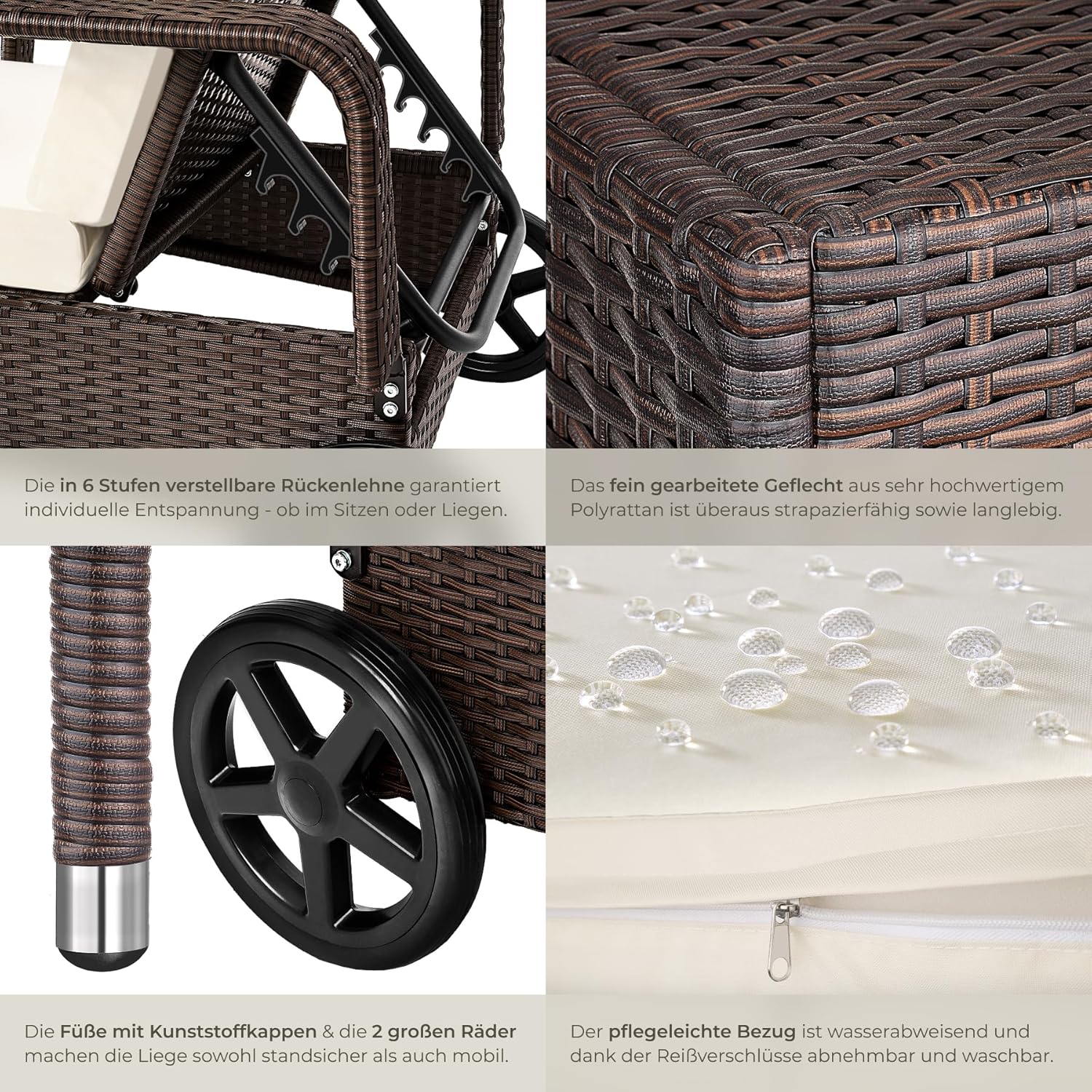 tectake Poly Rattan Gartenliege mit Rollen, 6-Fach höhenverstellbarer Liegestuhl, bis 120kg belastbar, Sonnenliege Rattan (wetterfest), Liege inkl. Polster und Kissen - braun gemischt