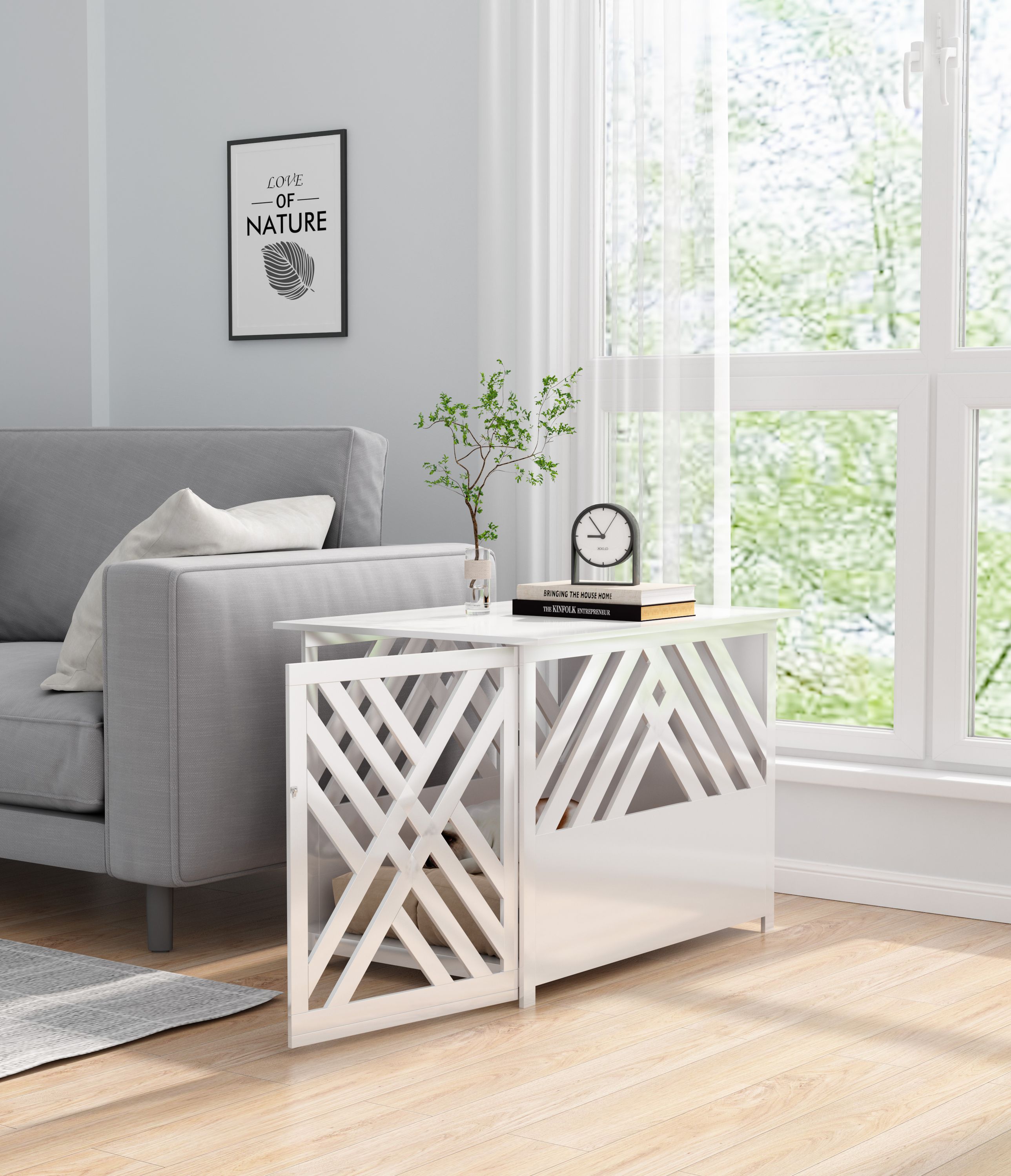 WONDERMAKE® Design Hundekäfig aus Holz für Zuhause Wohnung mit Beistelltisch, Hundebox fürs Wohnzimmer Indoor, 90x60 cm weiß