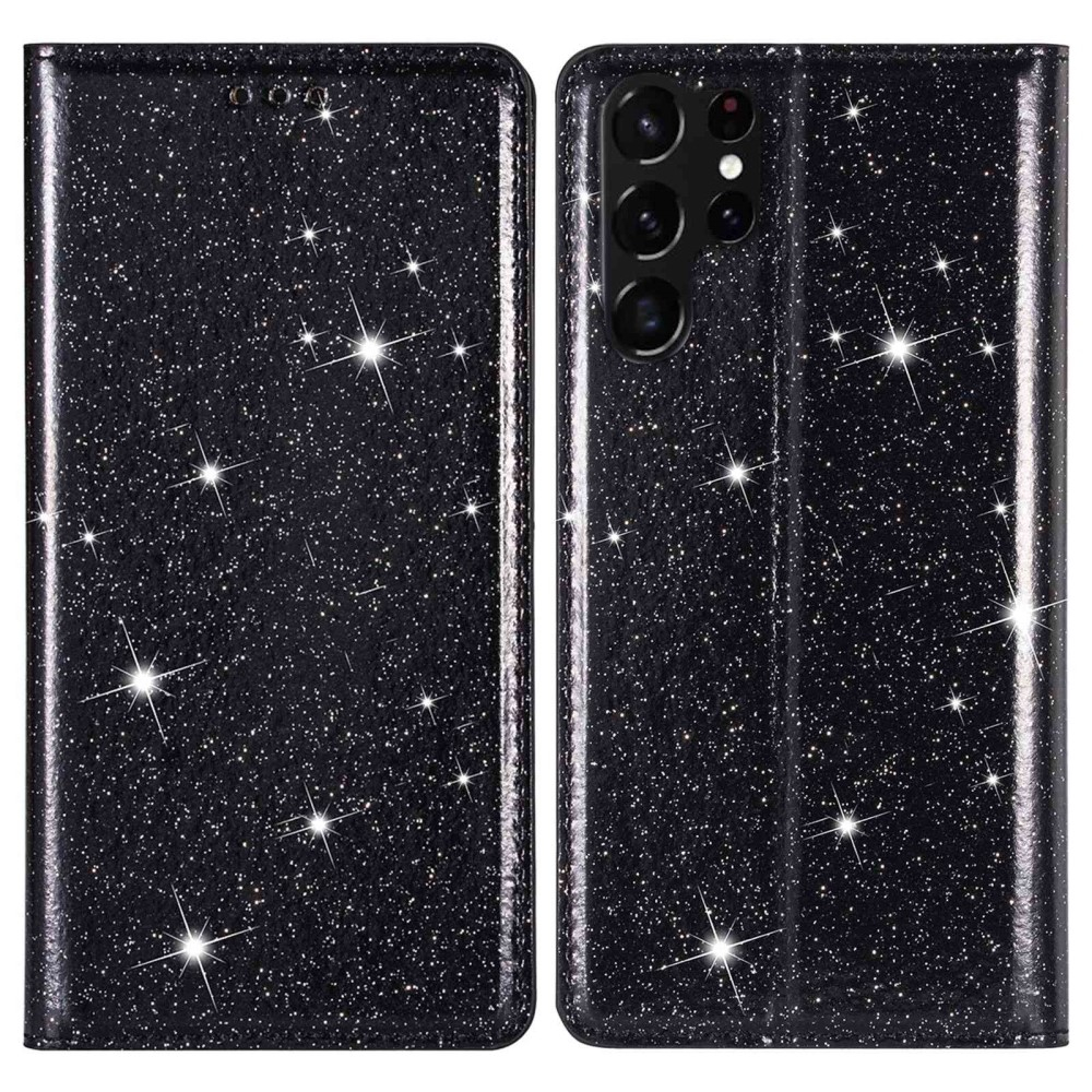 Samsung Galaxy S23 Ultra 5G Flip Wallet Cover Leder Tasche Glitzer Optik - Schwarz