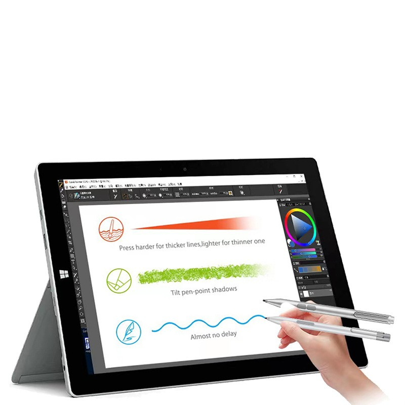 Aluminium Präzisions Stylus Touch Pen mit 5 Spitzen / Handballenerkennung (inkl. AAA Batterie) für Surface Pro / Go / Book / Laptop / Studio - Silber