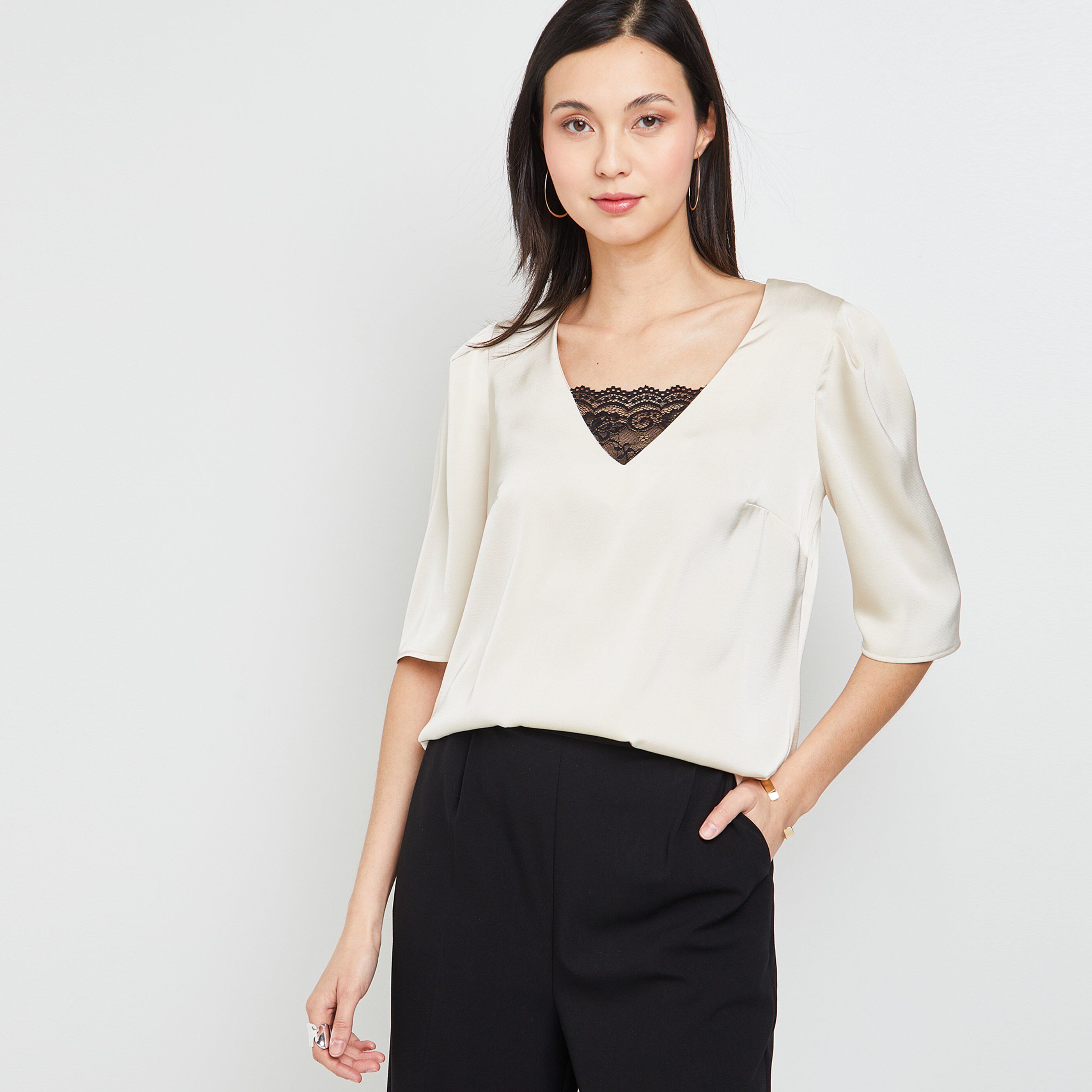 Top satin et dentelle femme - BEIGE