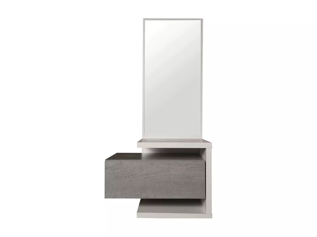 Meuble d'entrée avec miroir, entrée pour hall avec tiroir et étagère, Vide-poche pour petits appartements, 43x32h90 cm, Couleur Blanc et Béton