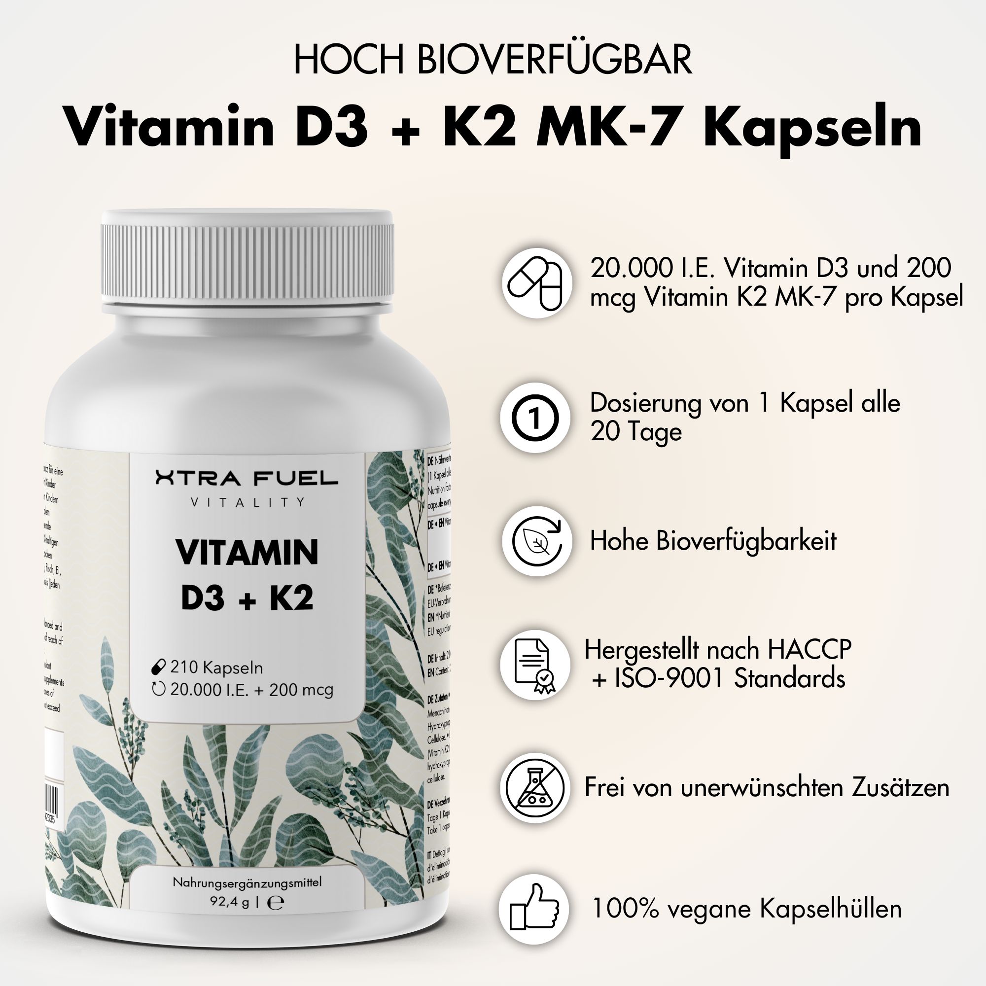 XTRA FUEL Vitamin D3 + K2 Kapseln - 20.000 I.E. + 200mcg MK-7 all-trans