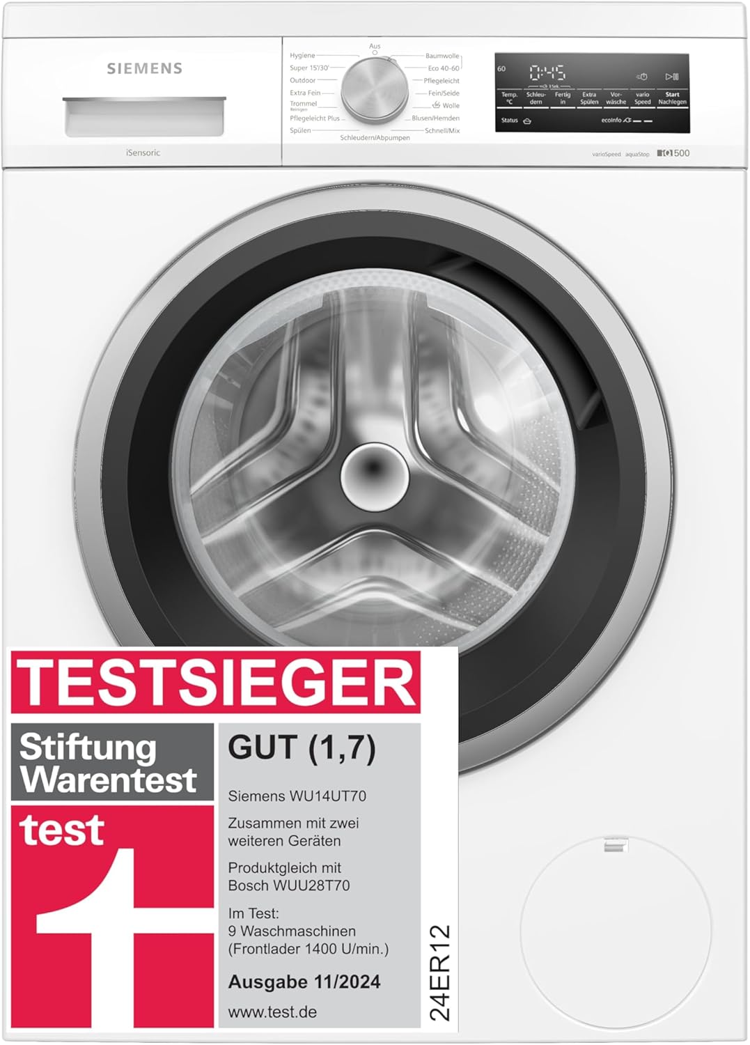 Siemens WU14UT70, Stiftung Warentest Testsieger*, Waschmaschine iQ500, Frontlader mit 8kg Fassungsvermögen, 1400 UpM, unterbaufähig, speedPack L, Outdoor-Programm, simpleTouch LED-Display