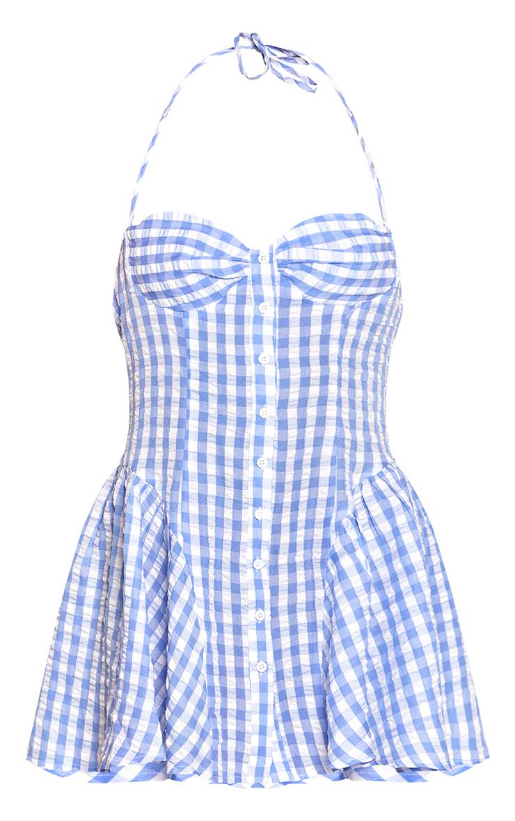 Bleu Robe Droite Vichy Col Licou À Boutonnage