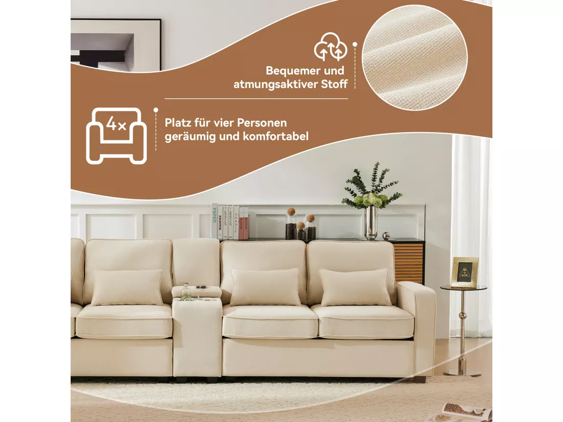 Canapé 4 places - 290 x 83 x 88 cm - avec 2 porte-gobelets, 2 ports USB, 2 poches et 4 coussins - Tissu en lin - Beige