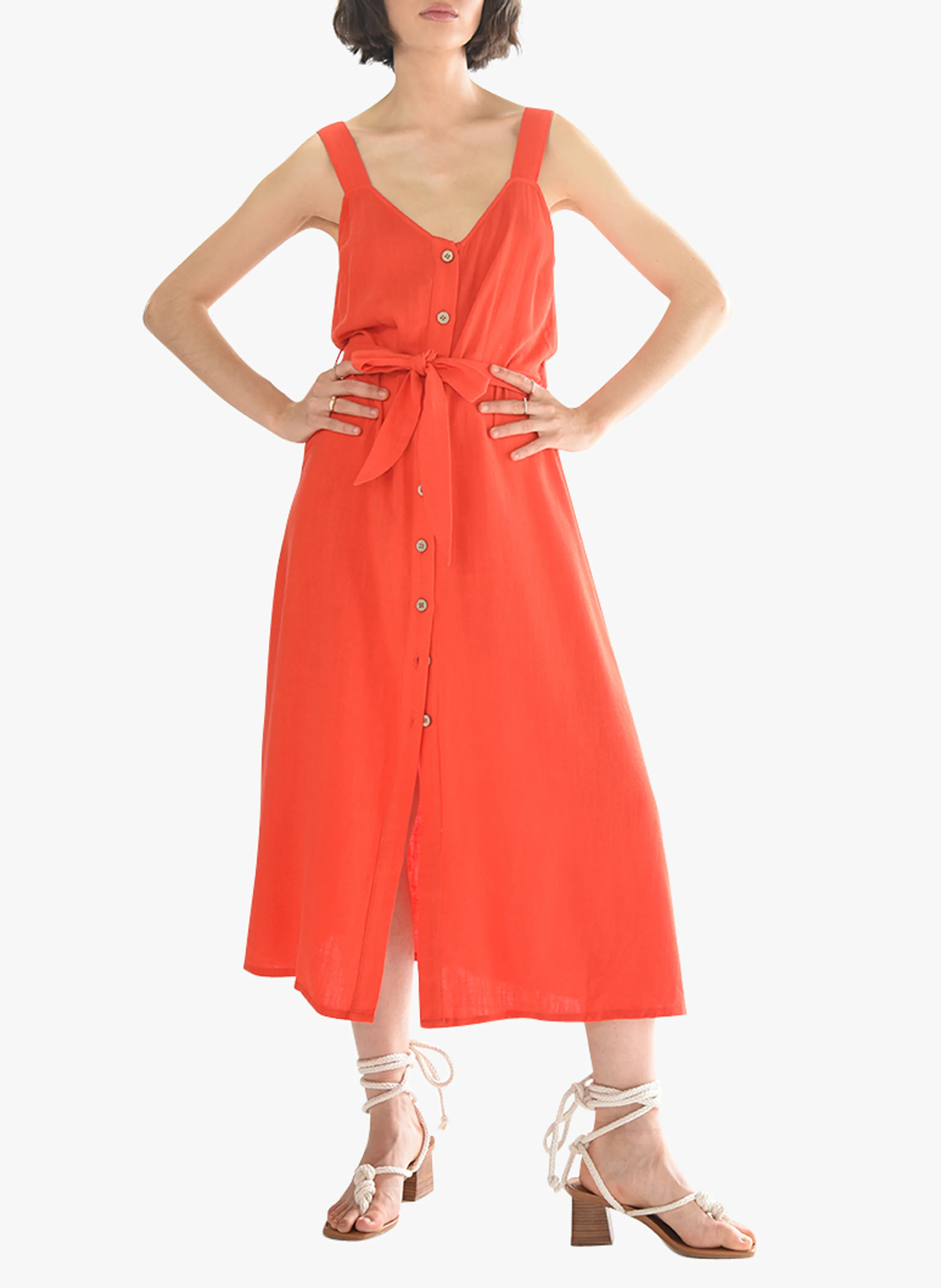 Robe midi col V | Orange