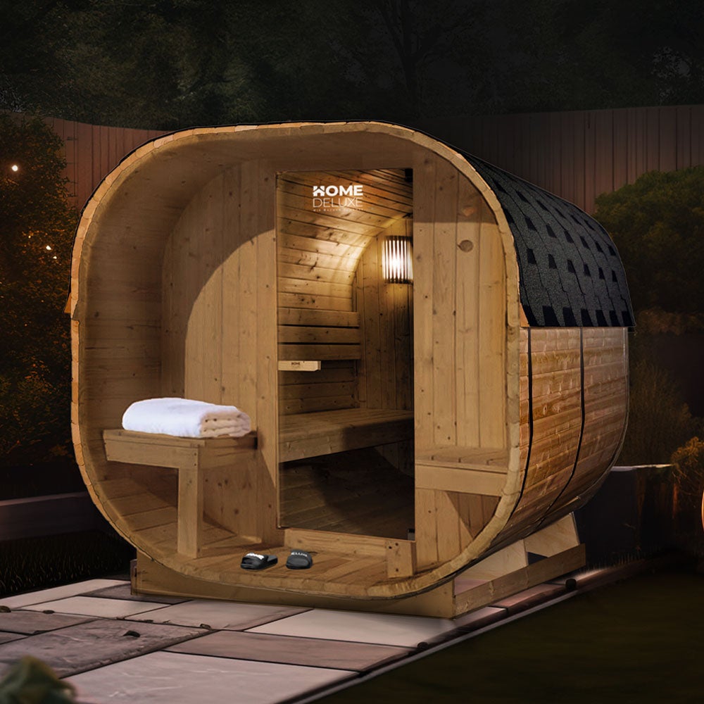 Home Deluxe - Buitensauna CUBE DELUXE - L - Afmetingen: ca. 220 cm x 185 cm x 194 cm, Houtsoort: Sparrenhout - incl. saunakachel en saunatoebehoren | Tuinsauna, buitensauna, saunabarrel voor 4 personen