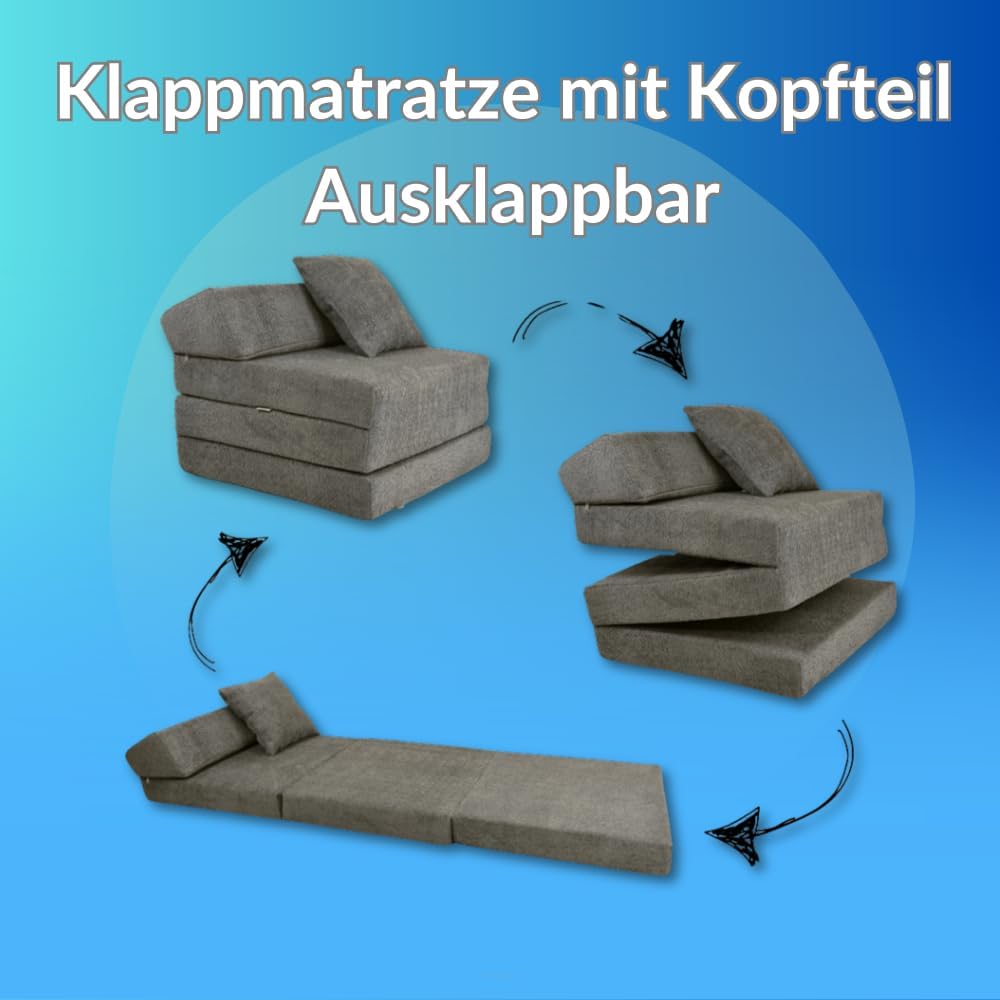 FORTISLINE - Klappmatratze 200x70x10cm mit Kopfteil & Kissen – Gästebett ausklappbar für Kinderzimmer & Camping Matratze Schaumstoff – Faltmatratze tragbar – Faltbare Matratze aus Cord – Braun