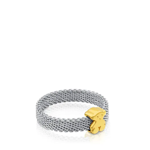 Anel de aço e ouro com motivo de urso Icon Mesh