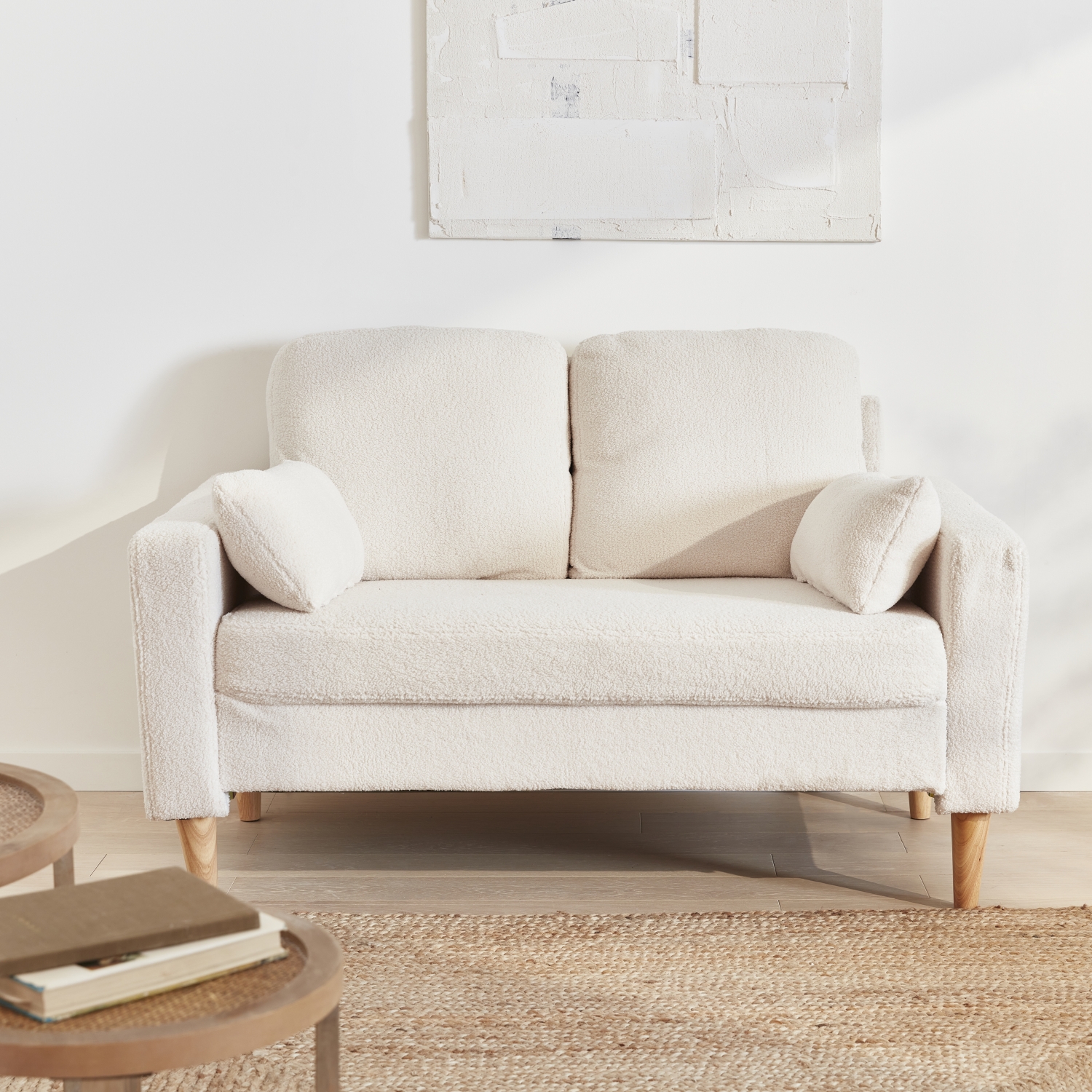Canapé à bouclettes blanches - bjorn - canapé 2 places fixe droit pieds bois. Style scandinave