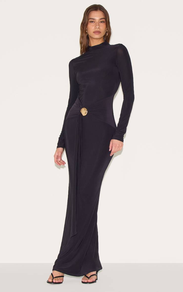 Noir Robe Maxi En Tissu Fluide Avec Ceinture Détaillée