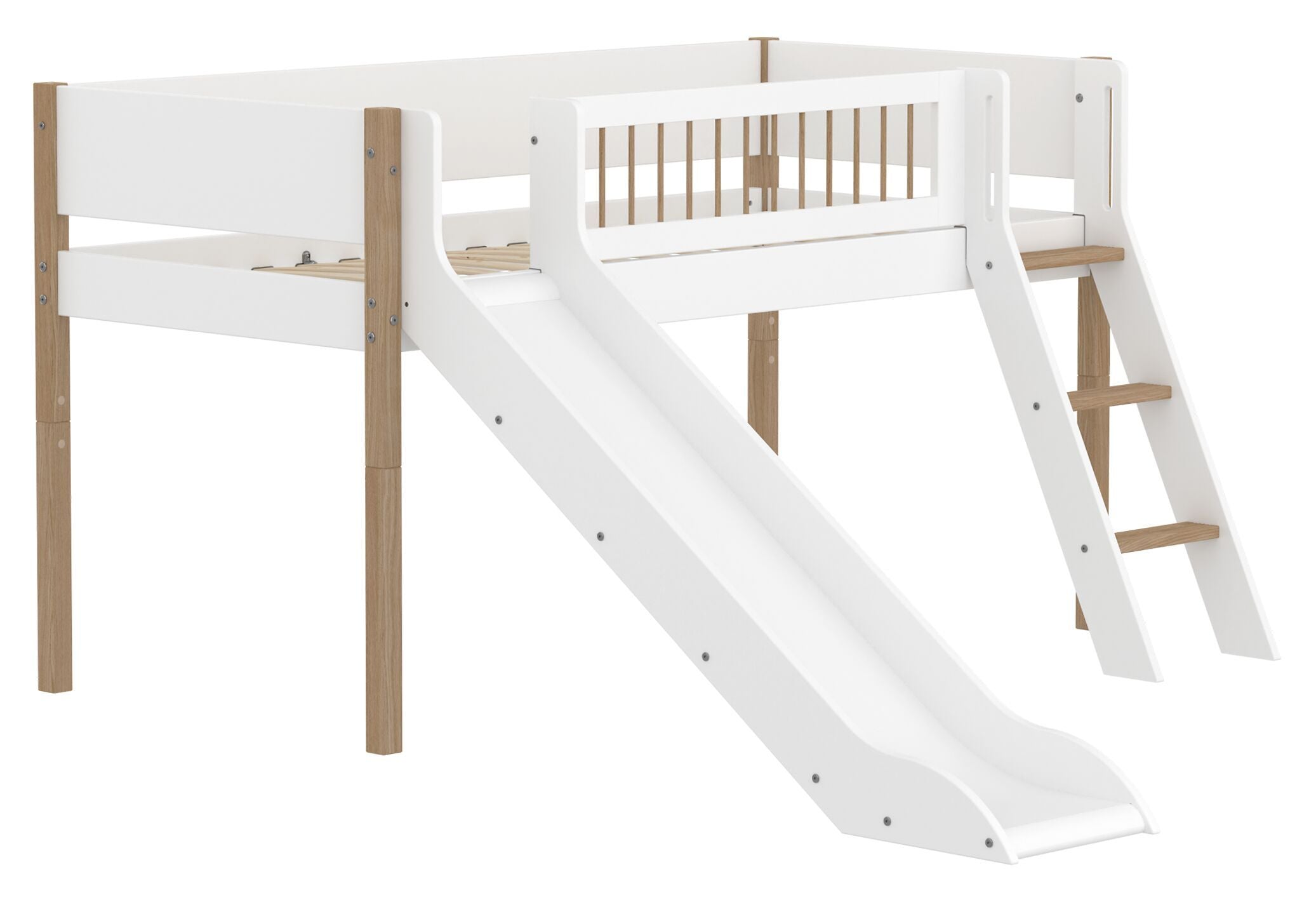 Flexa NOR Schrägleiter Halbhochbett inkl. Pfosten - Weiss / Eiche / B: 250.0 cm x T: 208.0 cm x H: 120.0 cm