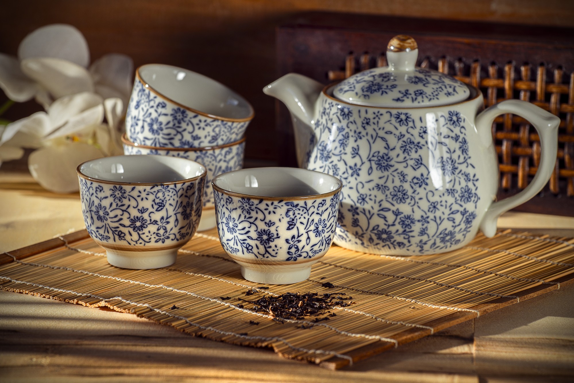 Teeservice 'Nan Ling', 4 Tassen, Teekanne, blau-weiß zu 19,80