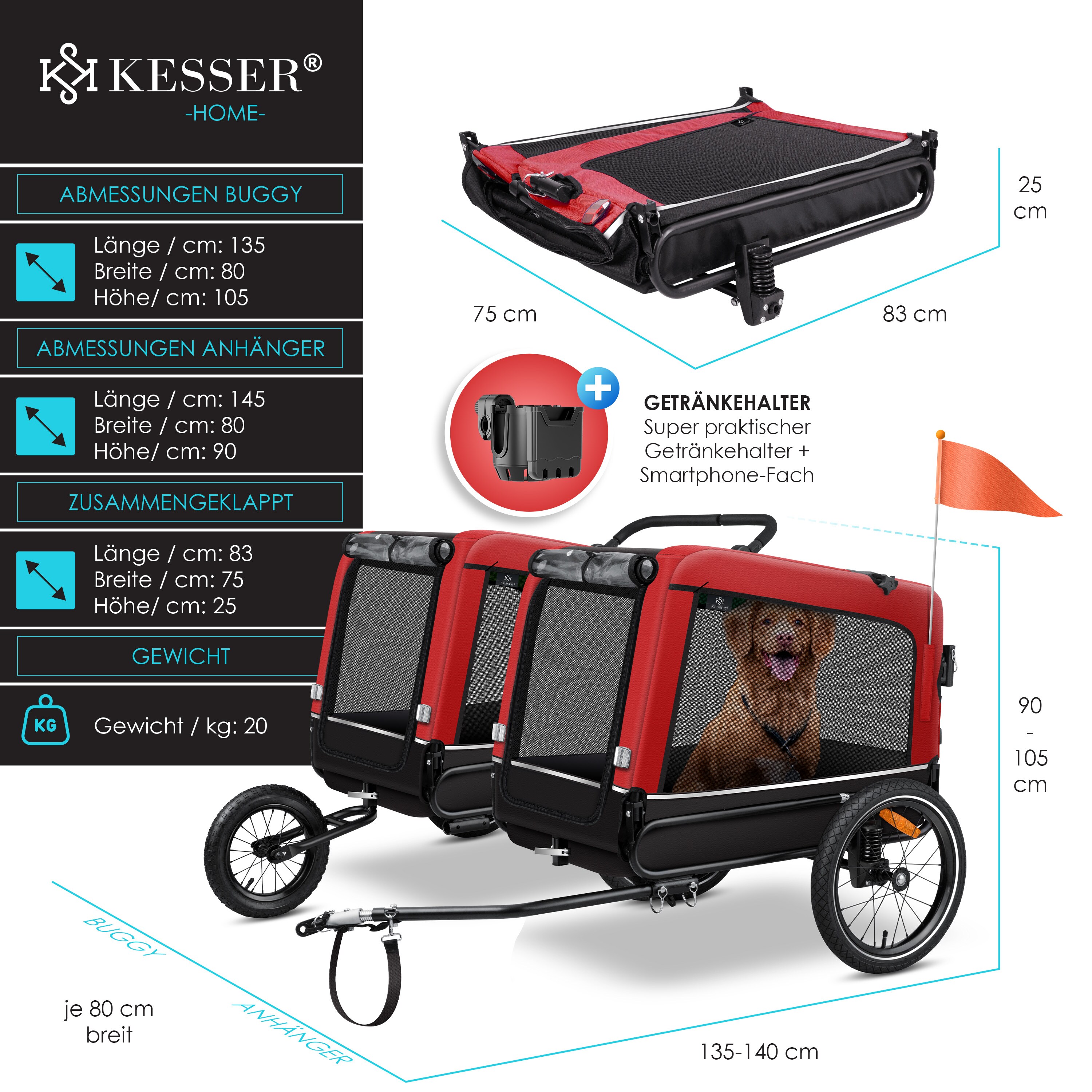 KESSER® Hundeanhänger Boxer 3-in-1 Hundebuggy & Jogger Fahrradanhänger groß ca. 240 Liter Volumen, gefedert, Material: 600D Oxford Canvas, SmartSpace Concept, maximale Belastbarkeit: 40 kg