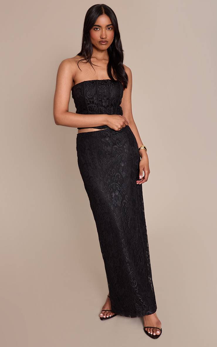 Noir Top Corset Bustier À Lacets Avec Baleines Ensemble Coordonné