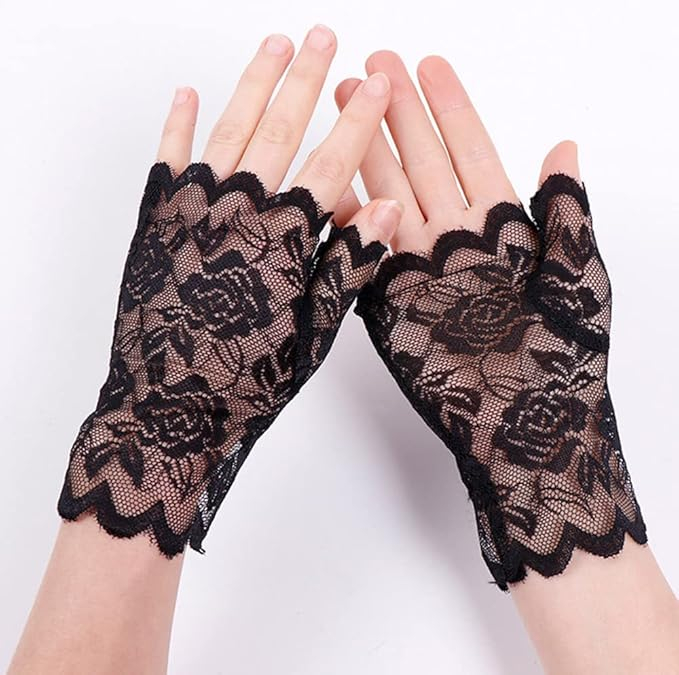 (1 Paar) Kurze Spitzenhandschuhe Fingerlose Fashion Handstulpen - Schwarz