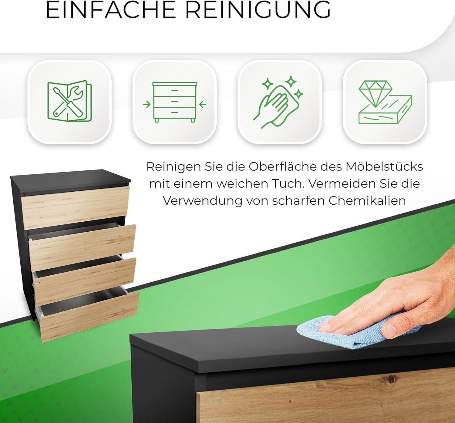 CDF Kommode Anthrazit Artisan mit 4 Schubladen 97 cm Hoch Sideboard Schmale Komode Schlafzimmerkommode für Flur Büro Schlafzimmer Wohnzimmer Schubladenschrank Regal mit Schubladen Schrank Möbelstück