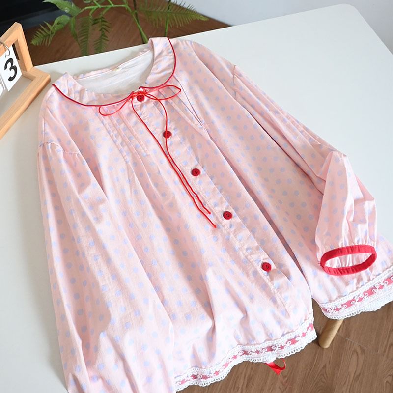 Somnus - Pyjamaset: Shirt met kanten rand en stippen + Broek