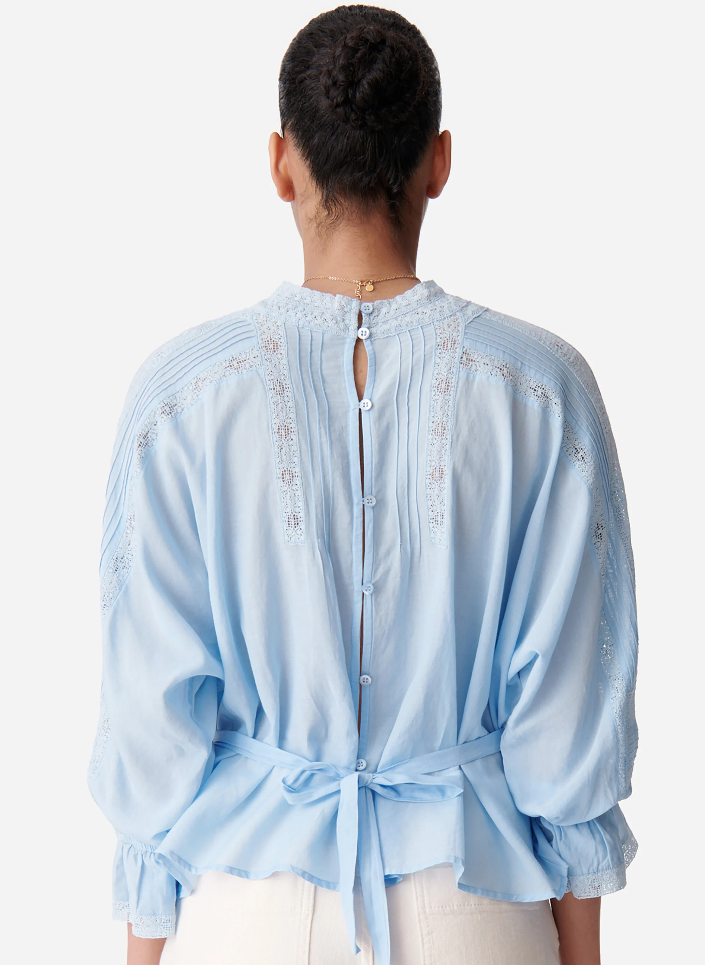 VIVA - Blouse col rond en dentelle et coton mélangé| Bleu