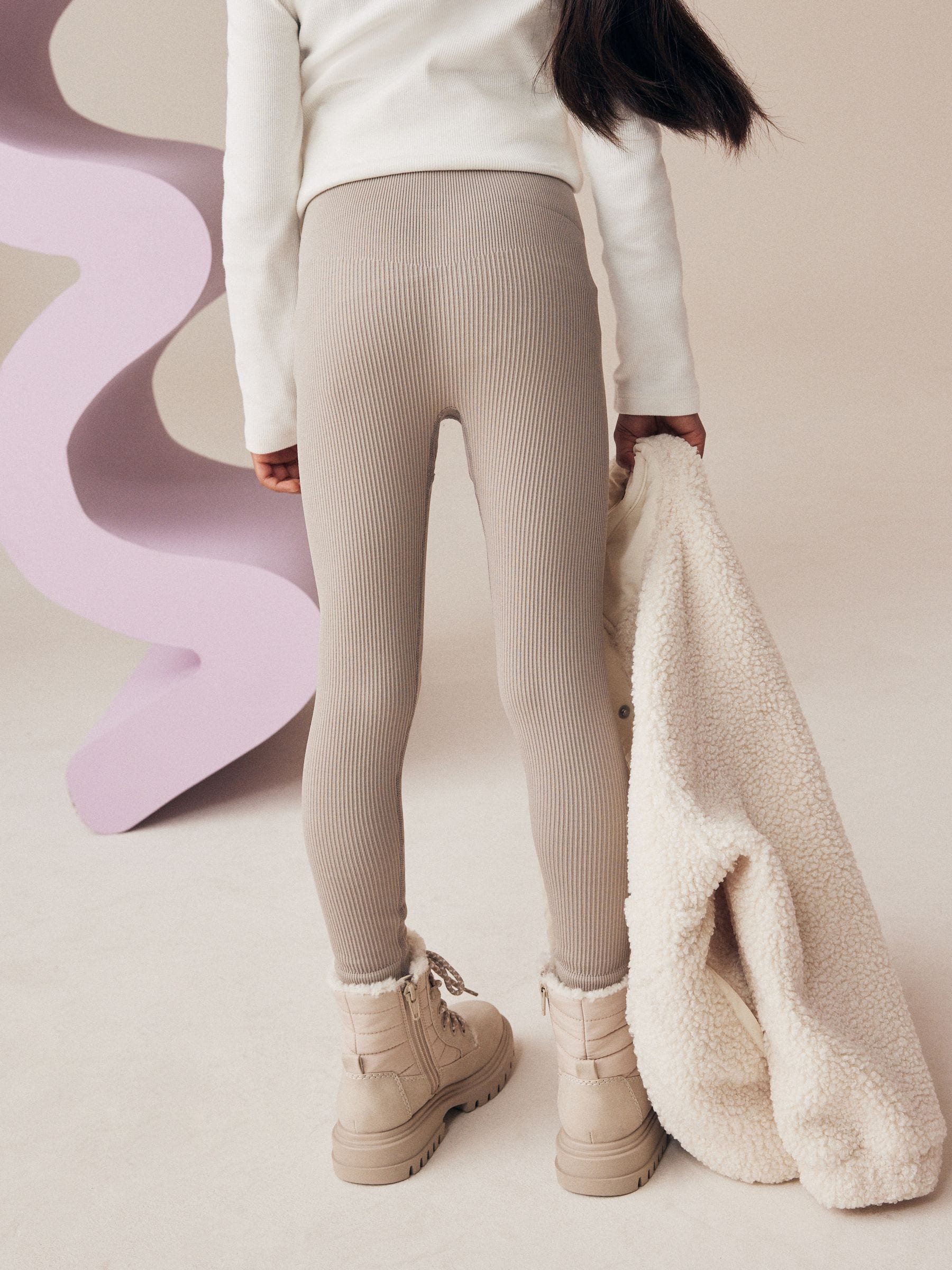 Beige - Naadloze geribbelde leggings met hoge taille (3-16jaar)