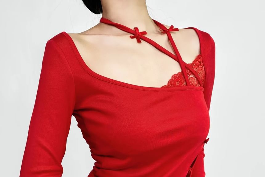 Asiris - Slim-fit crop top met lange mouwen, strikaccent en effen kantpaneel