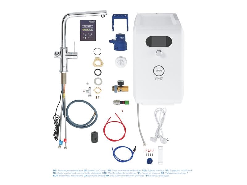 GROHE Küchenarmatur Blue Professional L-Auslauf Set Chrome Einhand-Spültischbatterie mit Filterfunktion und herausziehbarem Mousseurauslauf