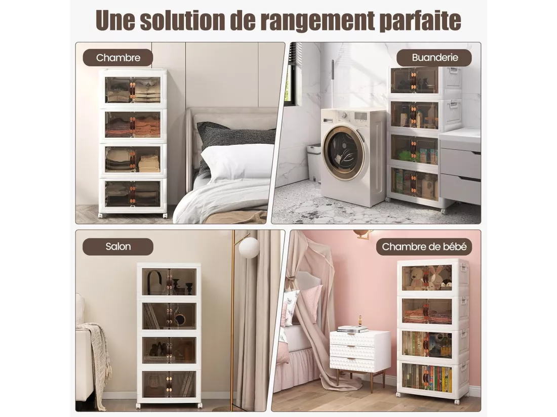 Boîte Rangement Plastique 165L, 4 Caisses de Rangement Pliables avec 4 Roulettes et Couvercles, Boite Empilable pour Vêtement, Livres, Jouets, Caisse pour Chambre, Salon, Cuisine (165L)