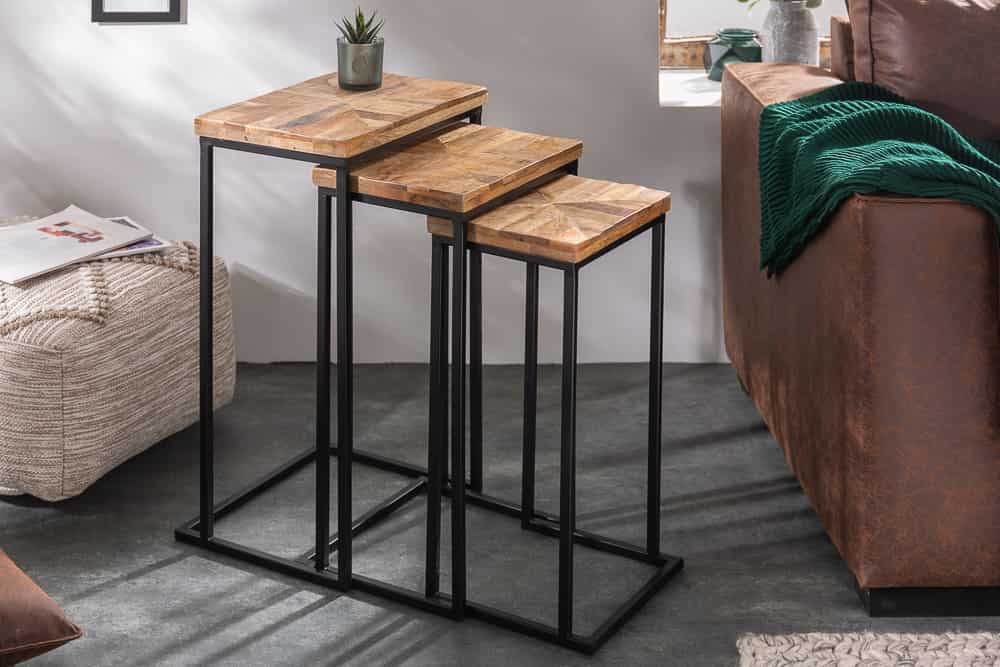 Beistelltisch 3er Set INDUSTRIAL 65cm Mangoholz handmade Mosaik schwarzes Metallgestell massiv