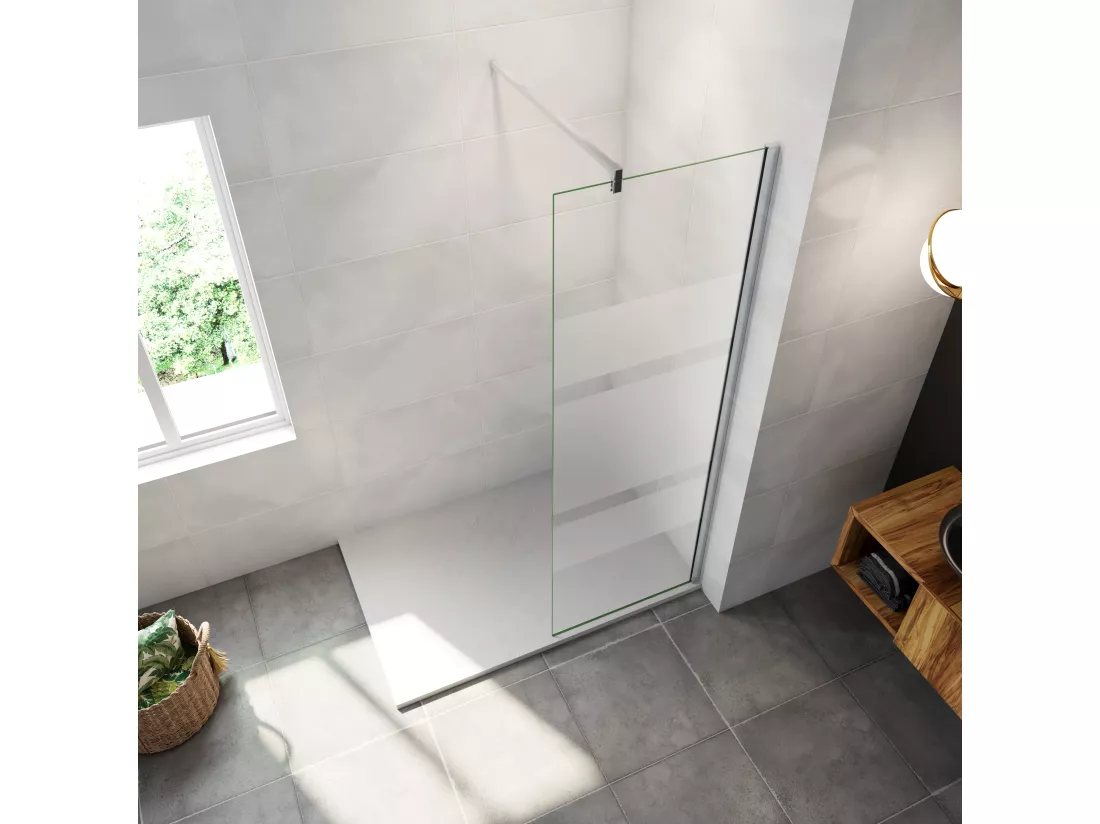 AICA paroi de douche à l'italienne chrome 90x190cm,6mm verre anticalcaire avec bandes horizontales sérigraphiées,barre de fixation 90cm en carré