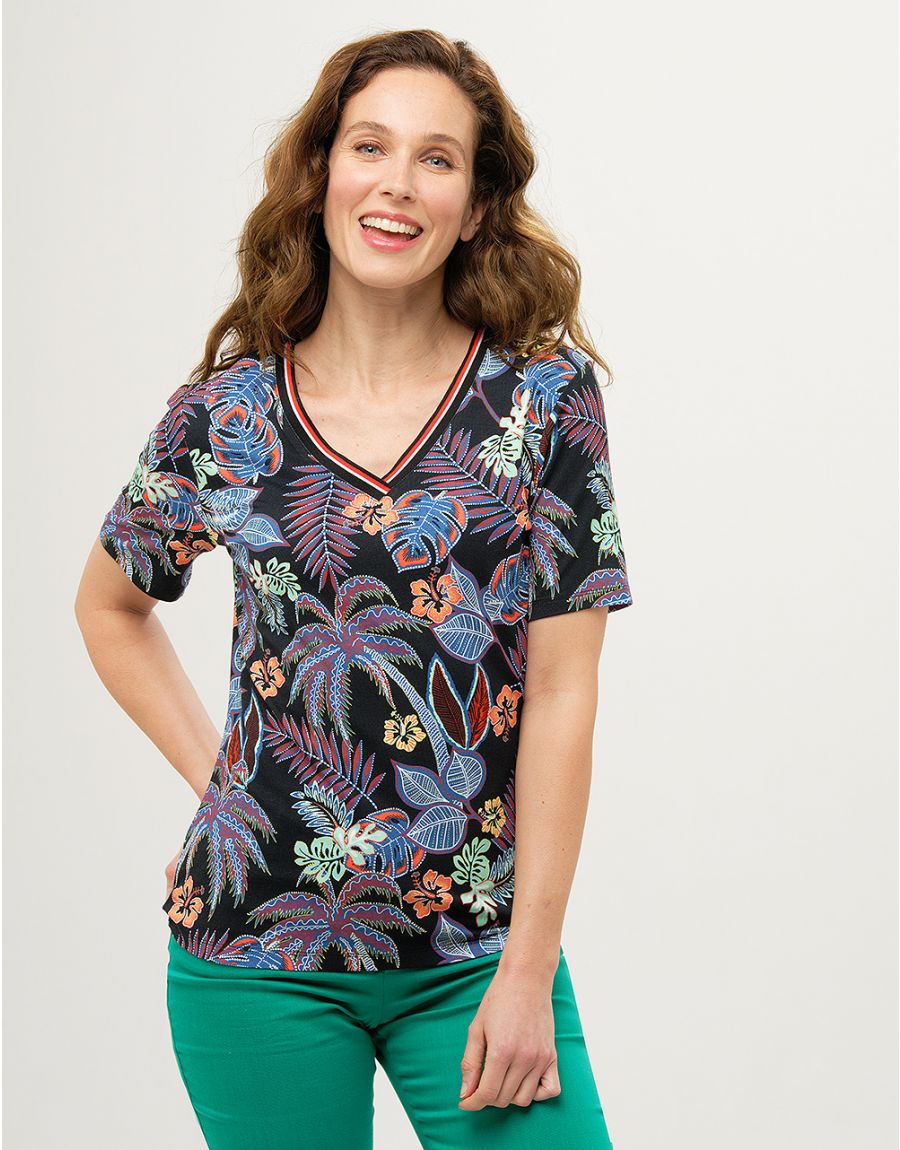 T-shirt noir feuillages