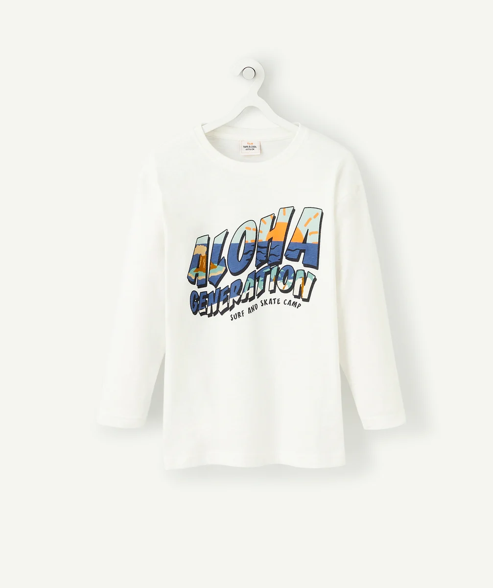 T-SHIRT GARÇON BLANC EN COTON BIO AVEC MESSAGE THÈME HAWAÏEN